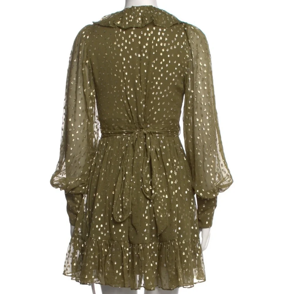 ZIMMERMANN $650 Ruffled Metallic Silk Wrap Mini Dress Size M Green Khaki Summer - Picture 6 of 6